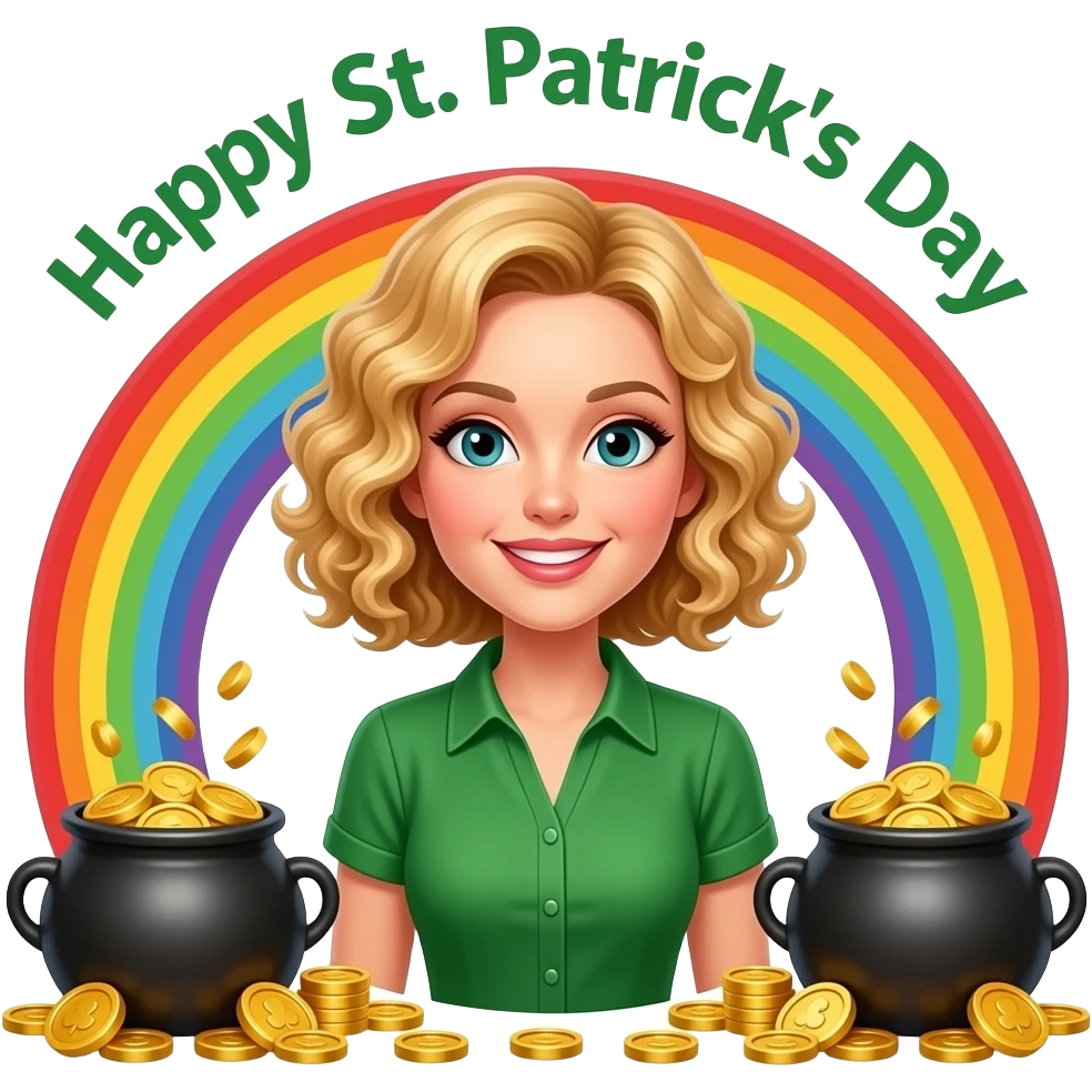 blonde tight curly hair in a short bob with St. Patrick's in a green blouse with rainbow and a pot of gold and Happy  St. Patrick's Day over my head emoji