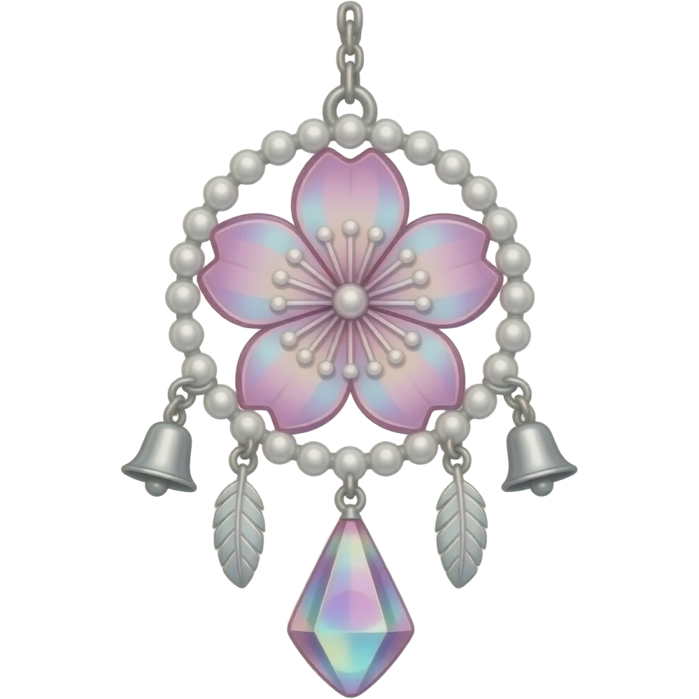 Hanging Iridescent pastel pink sakura crystals white-pearly suncatcher with bells and feathers emoji
