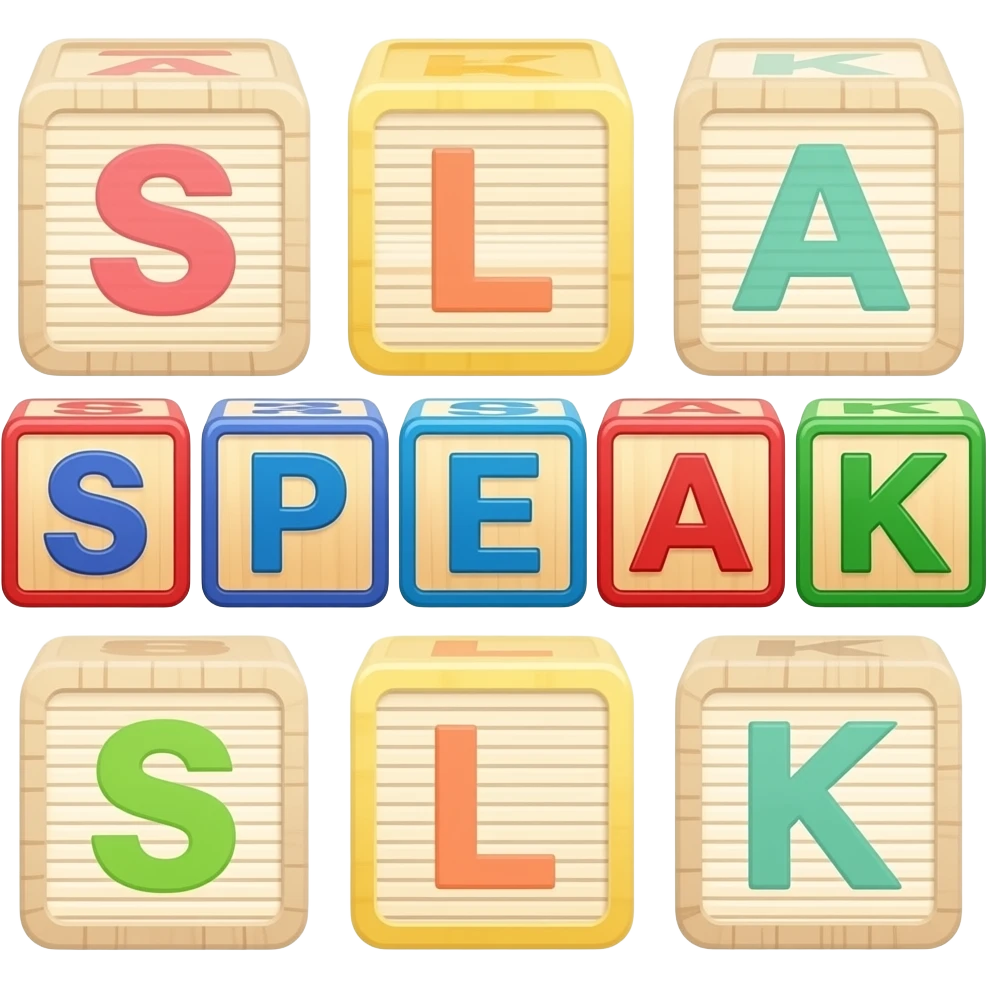 Five children's blocks forming the word "SPEAK" emoji