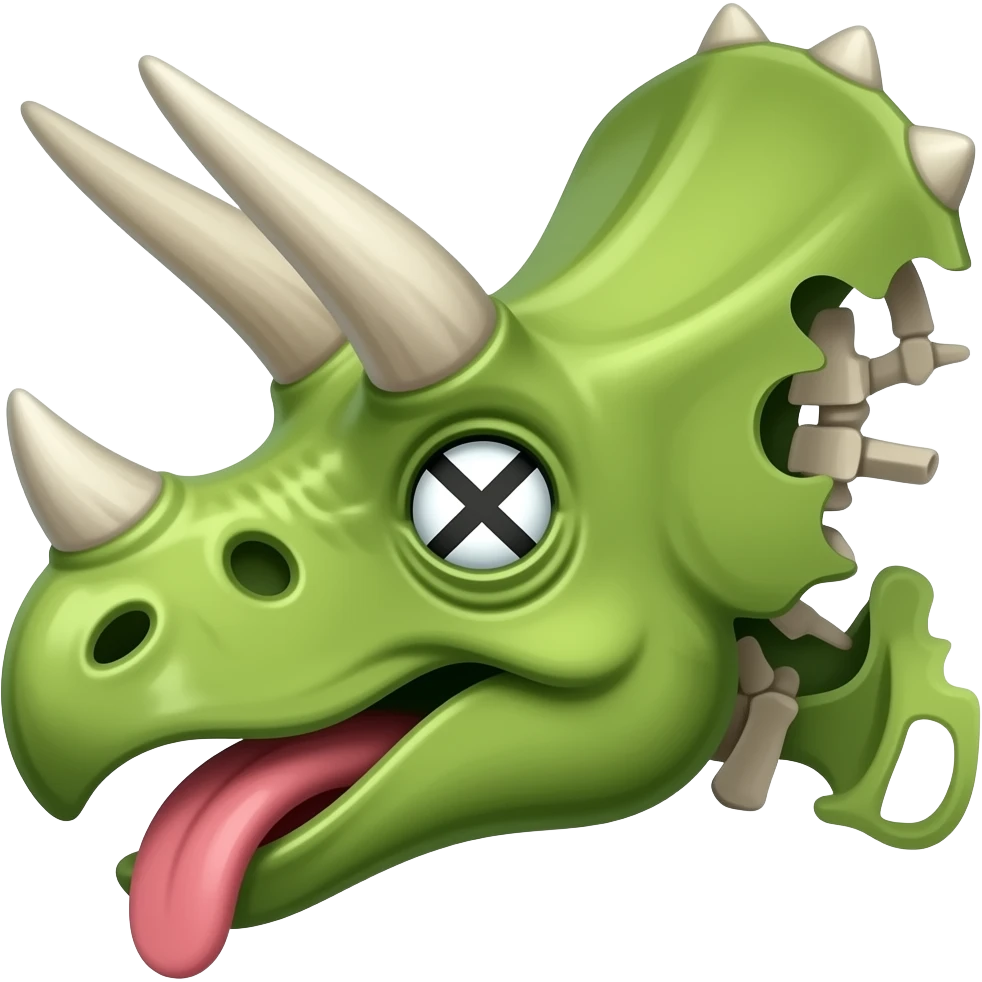 the top half of a green triceratops carcass.   It has been chewed up and has visible ribs and x's over its eye, with its tongue hanging out emoji