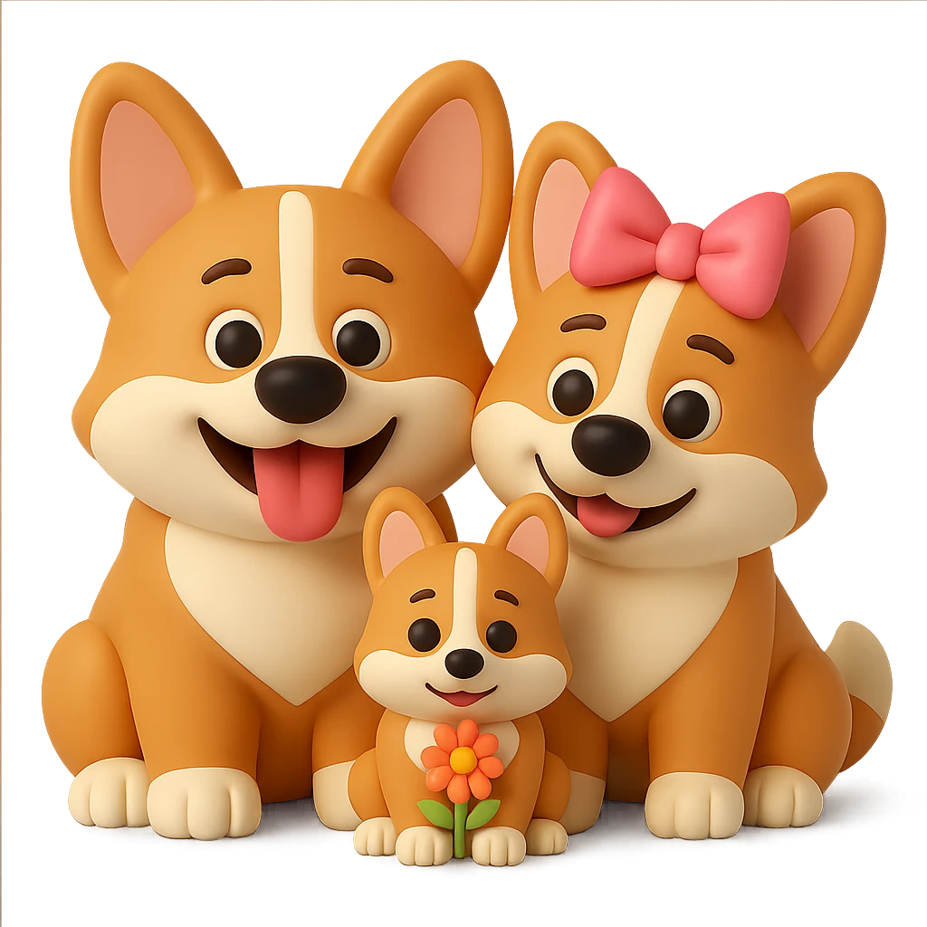 Make the corgi family look like the provided 3D emoji style corgi, with a transparent background. The style should mimic the microsoft style 3d fluent emojis, capturing the 3D emoji look and feel. emoji