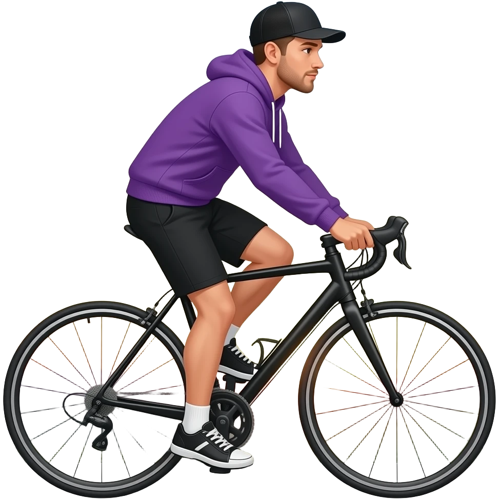 tall guy with black basecap and purple hoodie rides a black bycicle on sunset time emoji