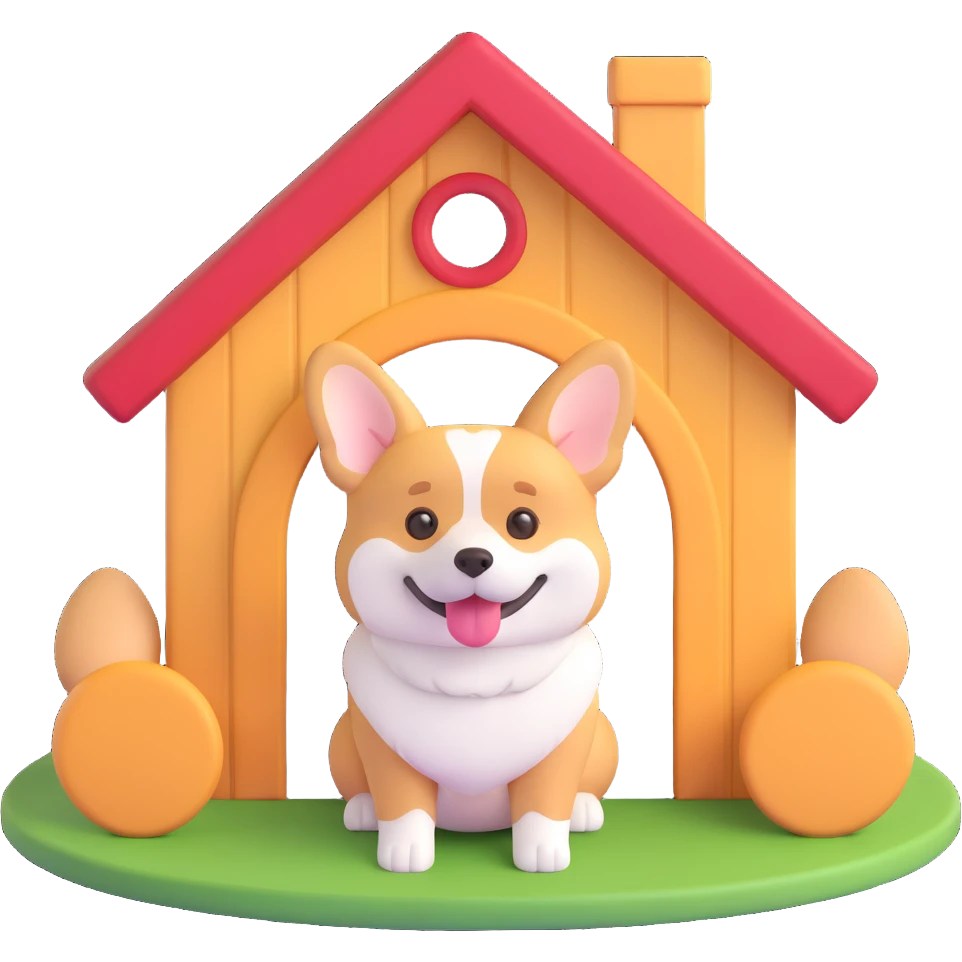 red dog house with a Corgi dog sitting at the entrance, 3D emoji style emoji