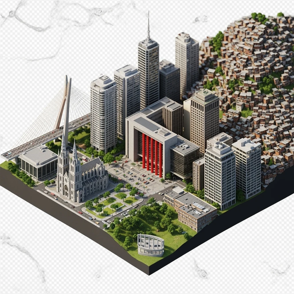 Isometric miniature of São Paulo Catedral da Sé, MASP on red pillars, Octávio Frias Bridge, and Altino Arantes building, favelas on hillsides, dense chaotic urban blocks, and green parks 3D miniature effect and Tilt Shift effect, no cartoonish look, transparent background. emoji