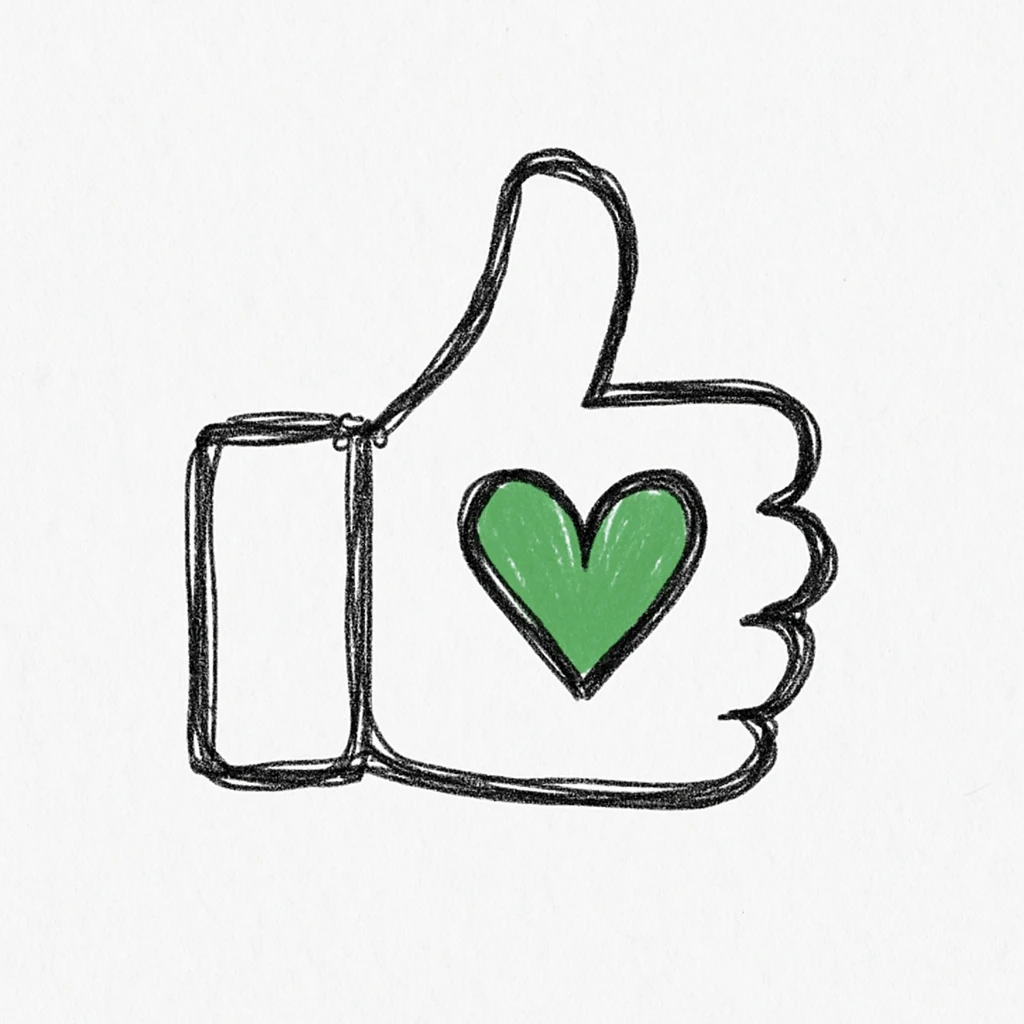 minimalist green thumbs up with a heart inside the thumb, hand drawn black outline style, white clean background, calm and secure feeling emoji