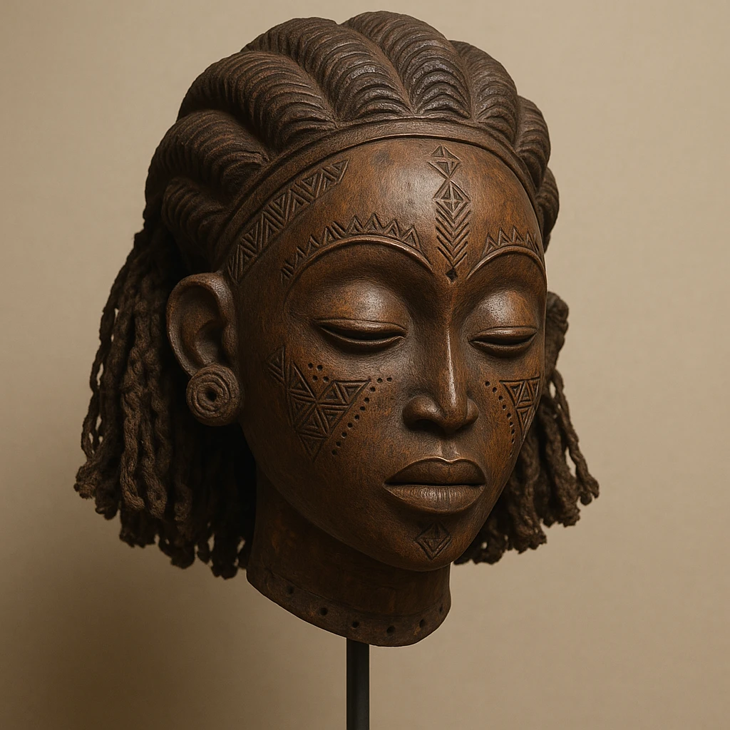 Mwana Pwo mask, Angolan Cokwe culture, stylized wooden mask, delicate features, geometric tribal designs, museum artifact, simple background emoji