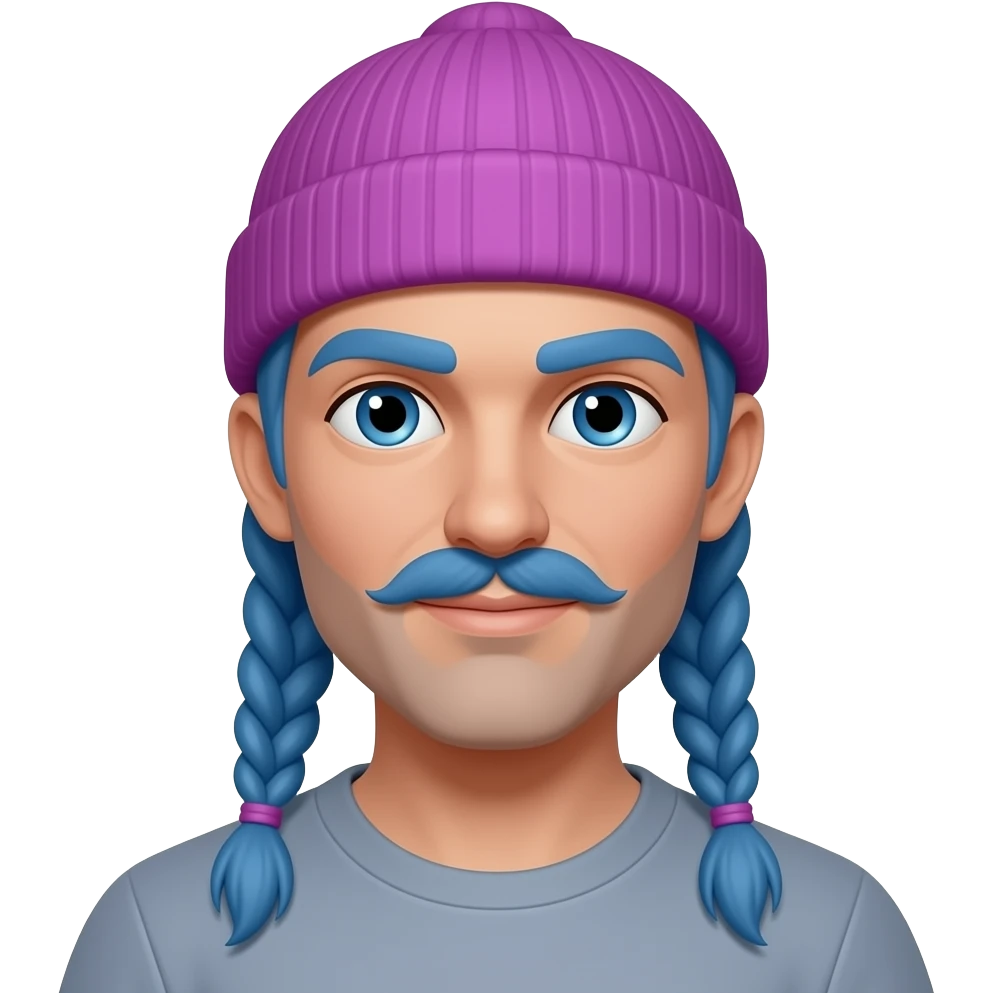 blue haired braided man with just pink mustache and purple beanie emoji