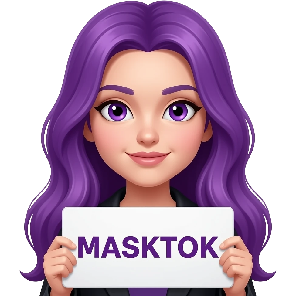 sexy girl with long purple hair and purple eyes holding a MASKTOK sign emoji