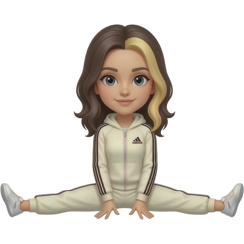 Dark brown hair with blonde highlights, hair parted to one side, thin long face, mid length hair, cream adidas track suit, doing the split in a gif moving emoji