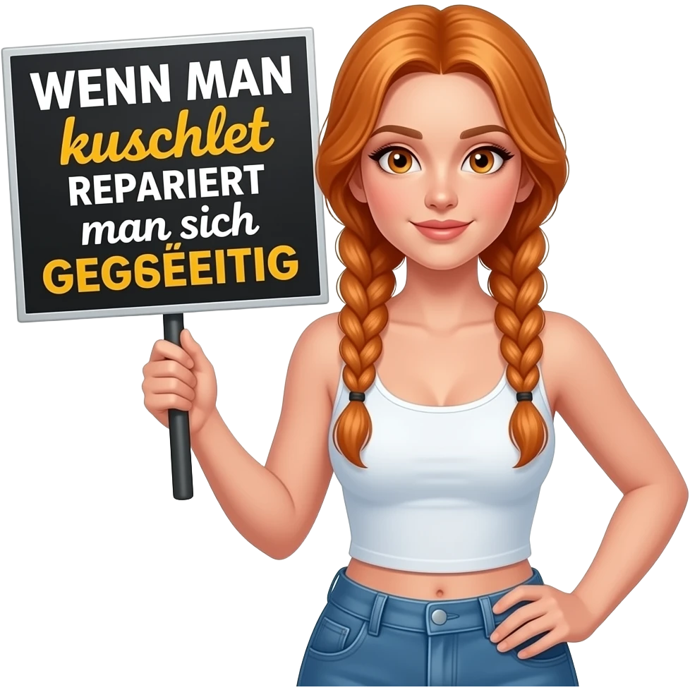 sexy girl with long ginger braids and ginger eyes wearing a white tanktop is holding a big black sign with WENN MAN kuschelt REPARIERT man sich GEGENSEITIG written on it emoji