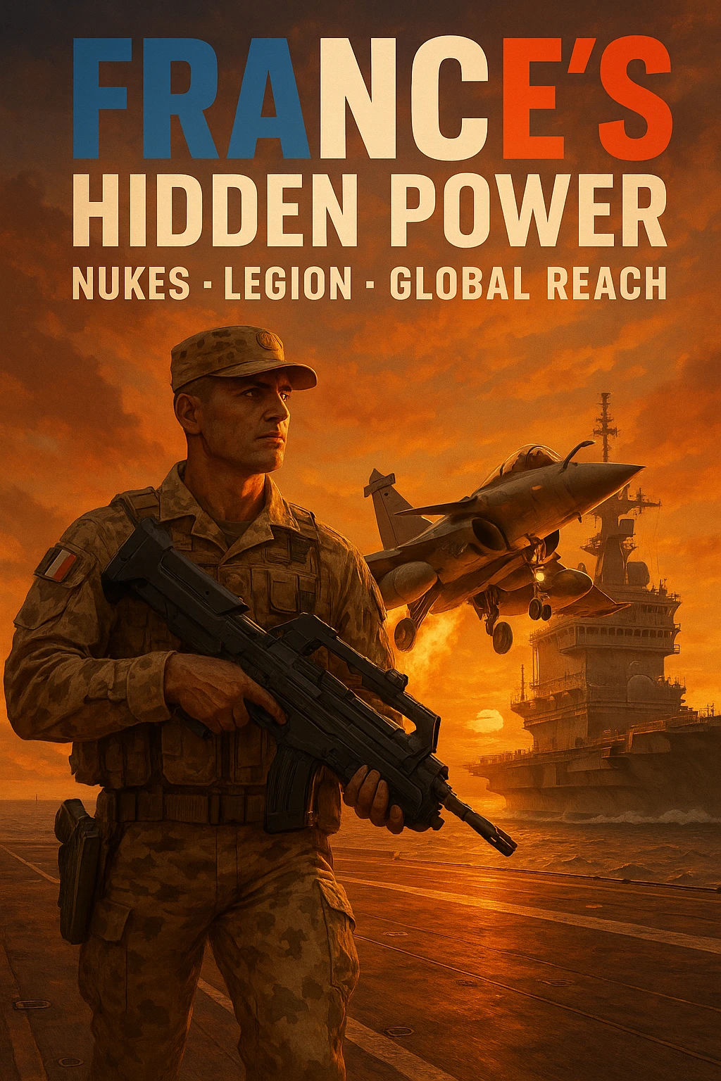 cinematic sunset of Rafale jet launching from French carrier with orange glow, foreground featuring a Foreign Legionnaire in desert camouflage holding a futuristic weapon, bold tricolor text 'FRANCE’S HIDDEN POWER' with subtext 'Nukes • Legion • Global Reach', epic, 8K resolution emoji
