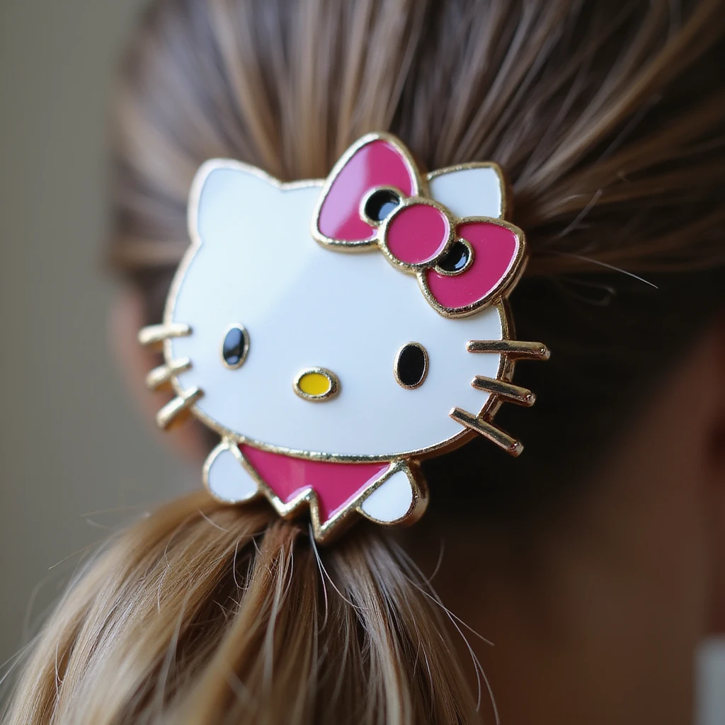 realistic Hello Kitty hair pin metallic with enamel paint, Hello Kitty's face and pink bow, macro shot, white background emoji