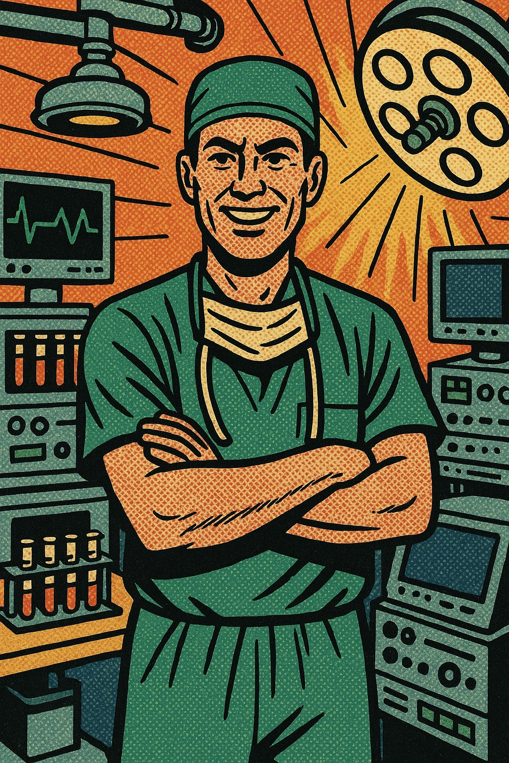 A male doctor standing in the middle of a hospital surgery room.  In the room are computers, heart monitors, a rack of test tubes and other types of medical technology. emoji