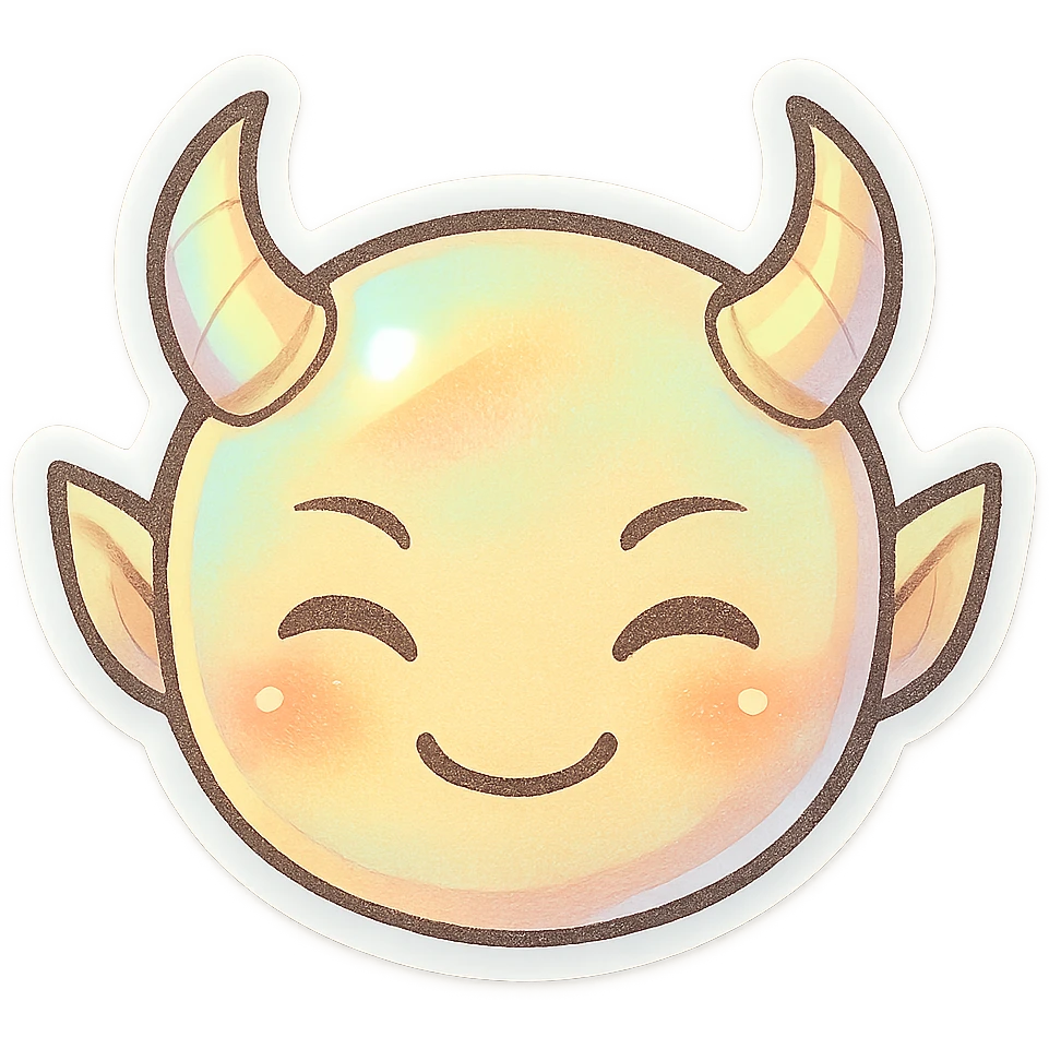 devil emoji, chibi style, holographic effect, iridescent pale yellow and peach, elegant horns, sweet smile emoji