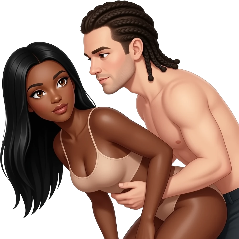 Lightskin black woman with brown eyes & long black straight hair wearing nothing nude bent over having sex with a skinny white man with braids that come down to neck wearing nothing emoji