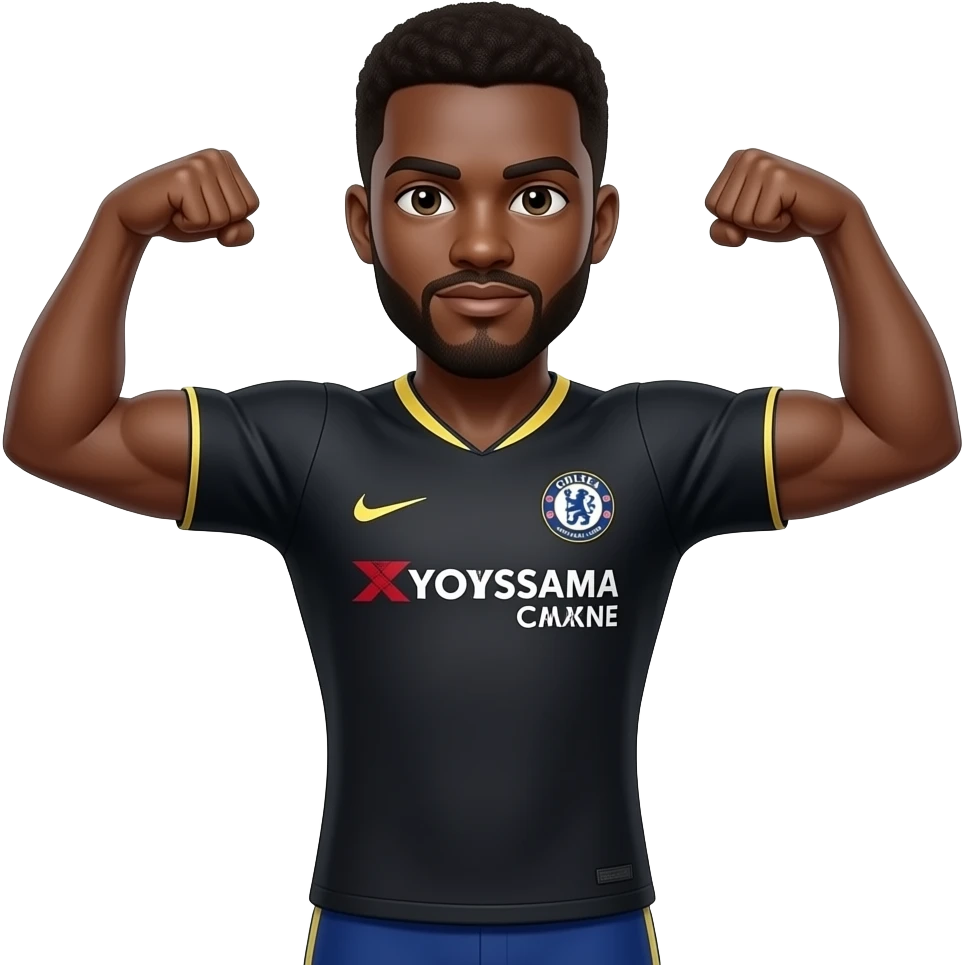 Black man with goatee double arm flex wearing Chelsea fc black jersey emoji