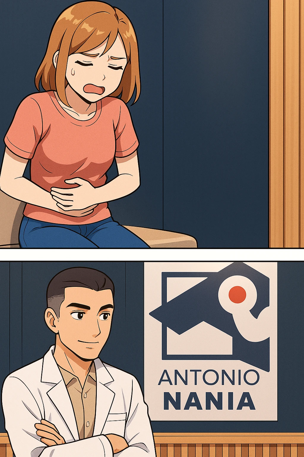 su questo stile fai un manga/webtoon a colori in cui una donna si lamenta che sta male e ha mal di pancia, l'uomo della foto in stile manga gli risponde, mantieni un ambiente simile alla foto che ho allegato con il suo logo (sarebbe il suo studio, lui è un kinesiologo), non mettere fumetti, ma fai in modo che sembri che la donna chiede una cosa e l'uomo risponde alla sua domanda emoji