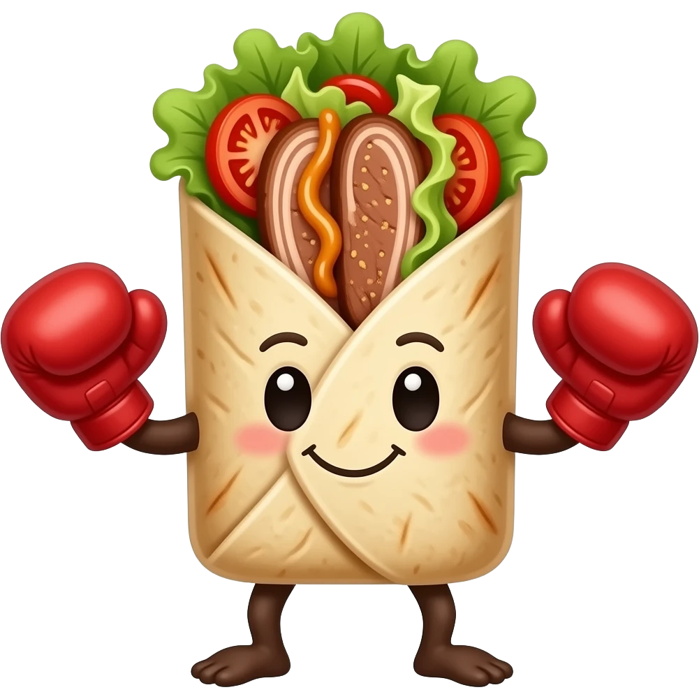 Doner kebab emoji, clearly visible layered kebab meat slices (not sausage), with salad, tomato and sauce, wrap visible, small boxing gloves, no arms or legs, cute competitive face, clean glossy emoji style emoji