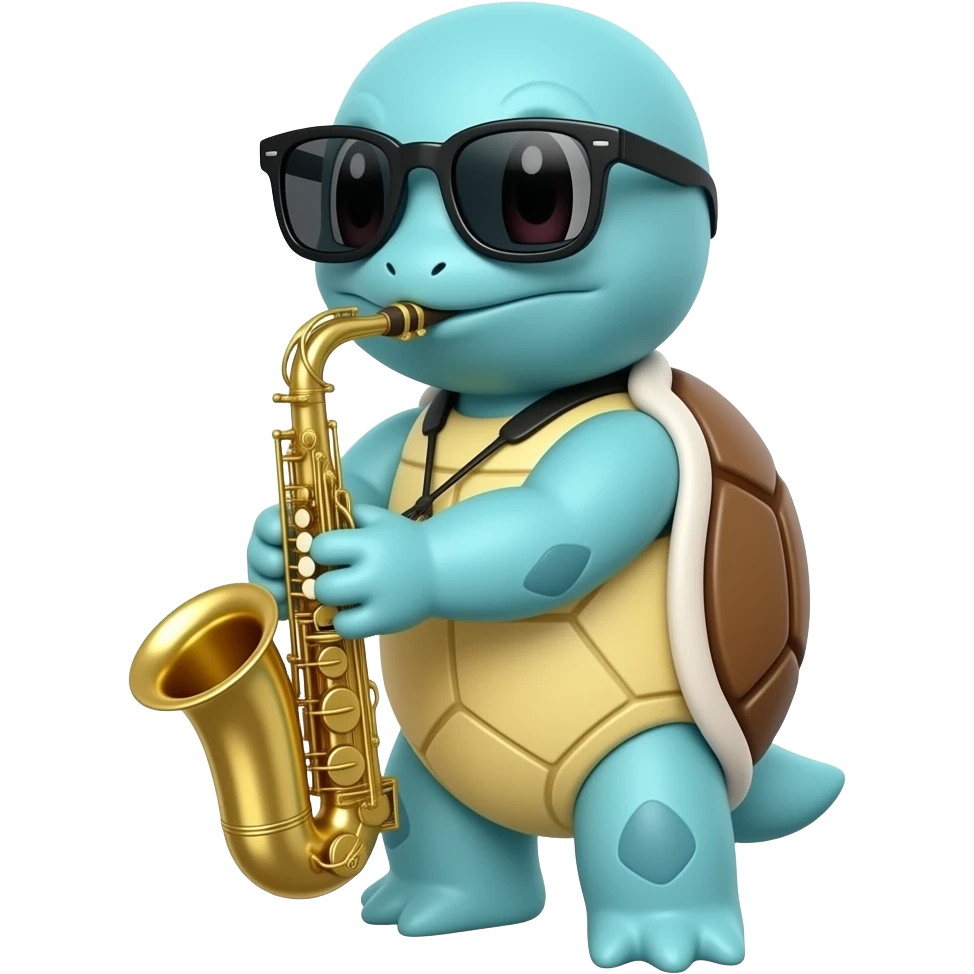 Squirtle playing the saxophone and wearing black sun glasses emoji