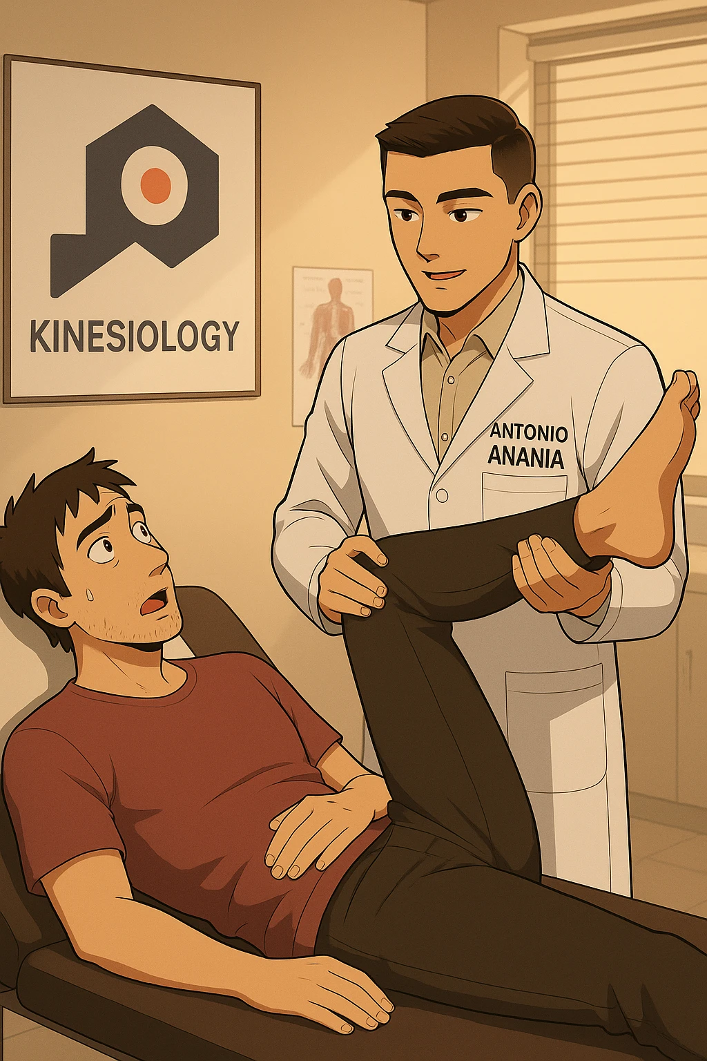 fai un webtoon manga a colori con questo stile, in cui un uomo è steso sul lettino medico e il kinesiologo con il camice bianco (fagli anche la scritta "ANTONIO ANANIA" SUL CAMICE, gli solleva una gamba per fargli il test neuromuscolare, IL KINESIOLOGO SPIEGA ALL'UOMO UNA cosa mentre gli alza la gamba. non fare i fumetti però, fai solo in modo che sembri stiano parlando emoji