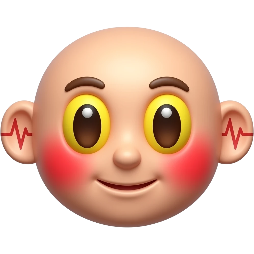 새빨간 얼굴의 홍조를 하고 있는. 노란 눈알  갈색 동공. 축 쳐진 귀모양  귀여운 만화 입체적 이모티콘 emoji