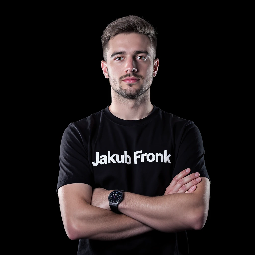 Csgo pro player profile proffesional photo, low key light back light, man standing crossed hands with tshirt with text "Jakub Fronk" black solid background emoji