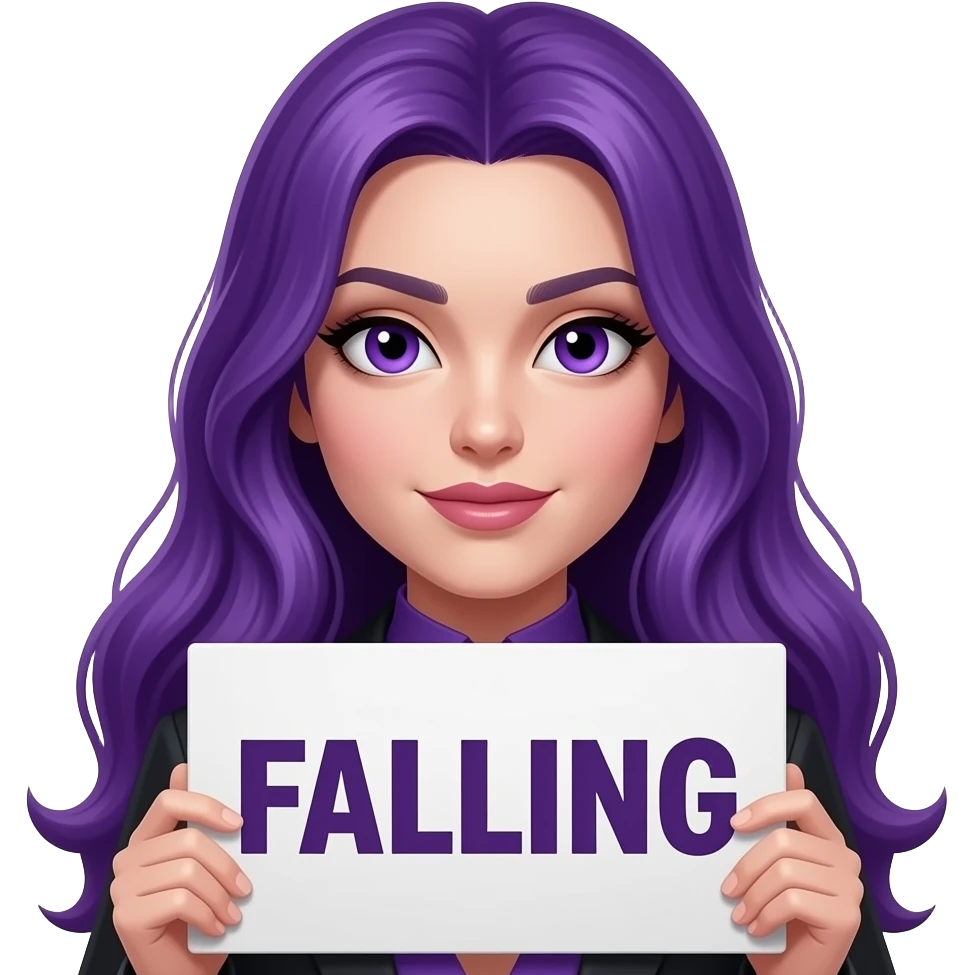 sexy girl with long purple hair and purple eyes holding a FALLING for the VILLAIN sign emoji