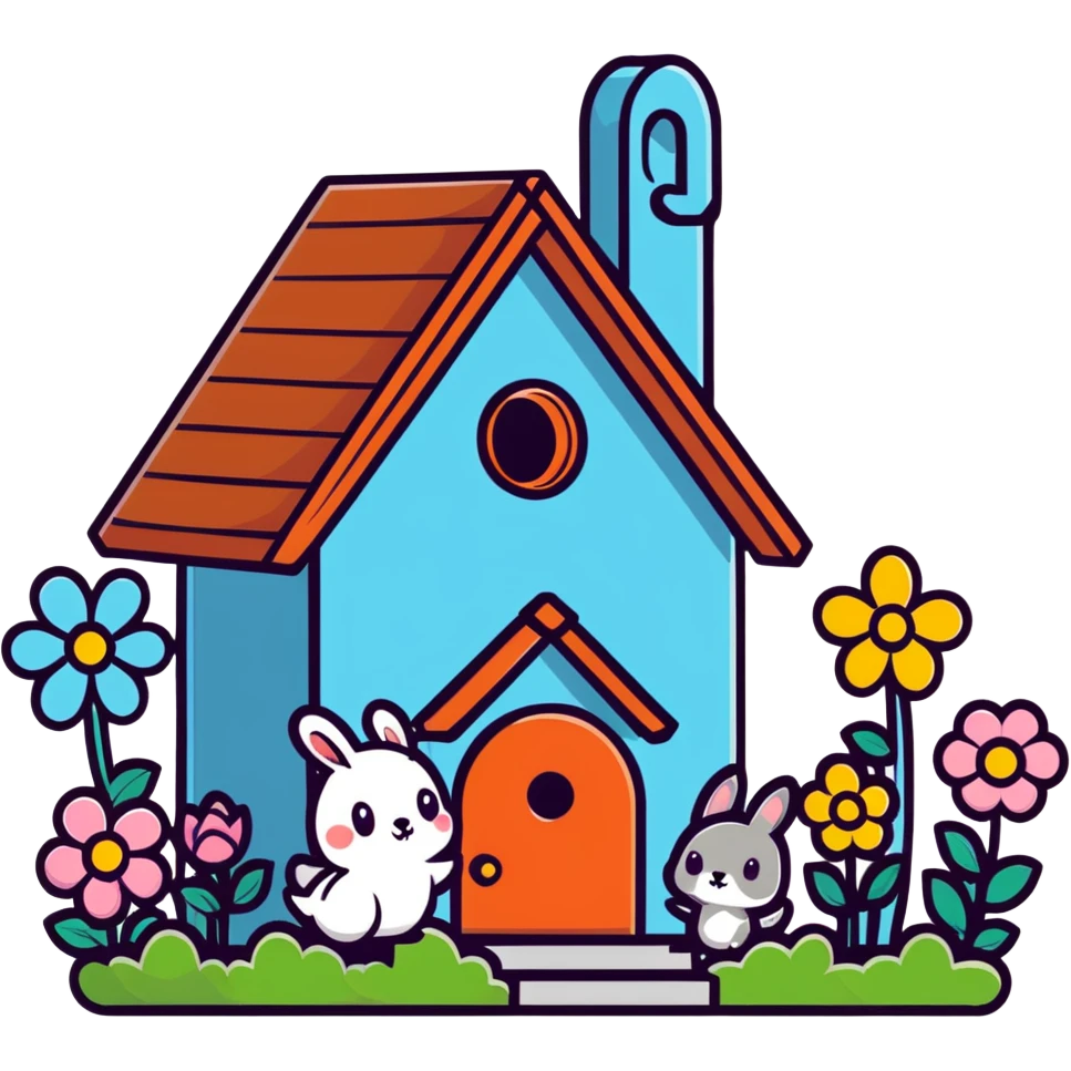 birdhouse with flowers and forest creatures including bunnies, birds, squirrels, soft pastel colors, transparent background emoji