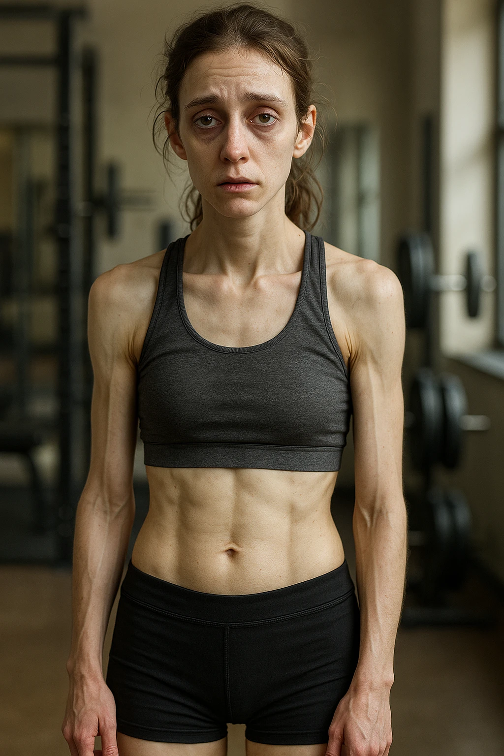 3D realistic vertical illustration of a young athletic woman in sportswear standing in a gym. Her body appears lean but slightly fatigued, with visible muscle loss and a tired expression. Subtle details like dark circles under her eyes, pale skin, and a slouched posture suggest underfueling. The lighting is soft and natural, with gym equipment blurred in the background. emoji