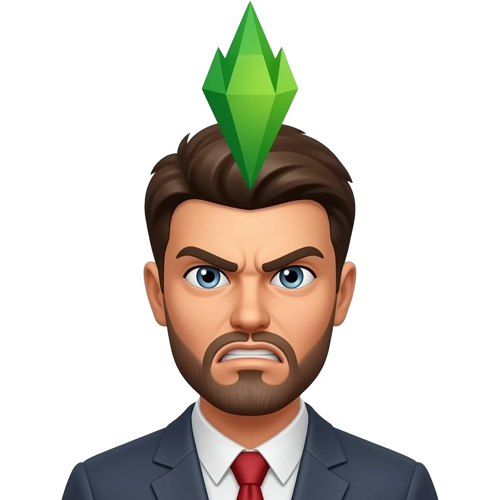 a sim from sims with his green sim plombob above the head and expression of anger on his face emoji