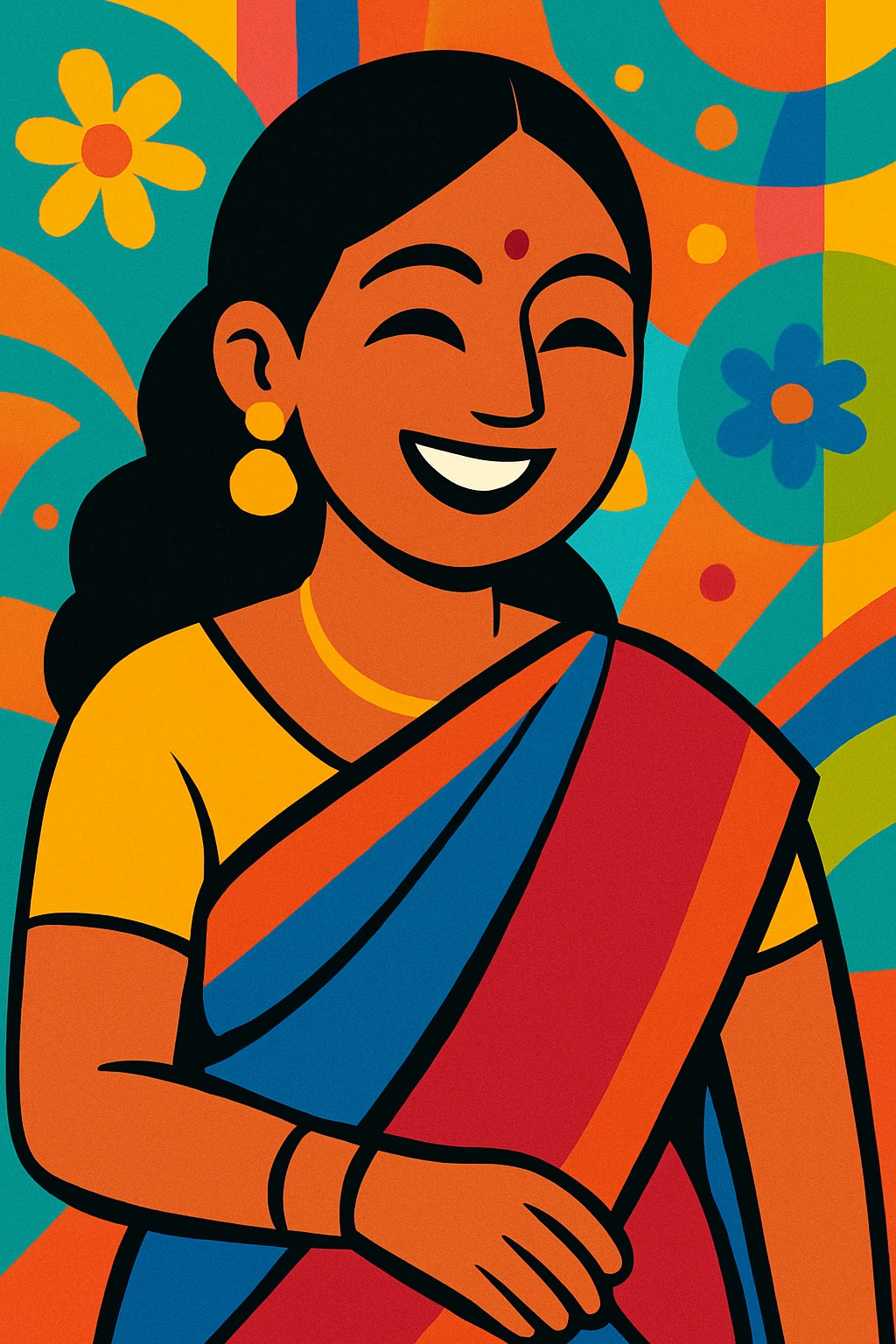 an Indian woman in a saree, smiling, colorful background emoji