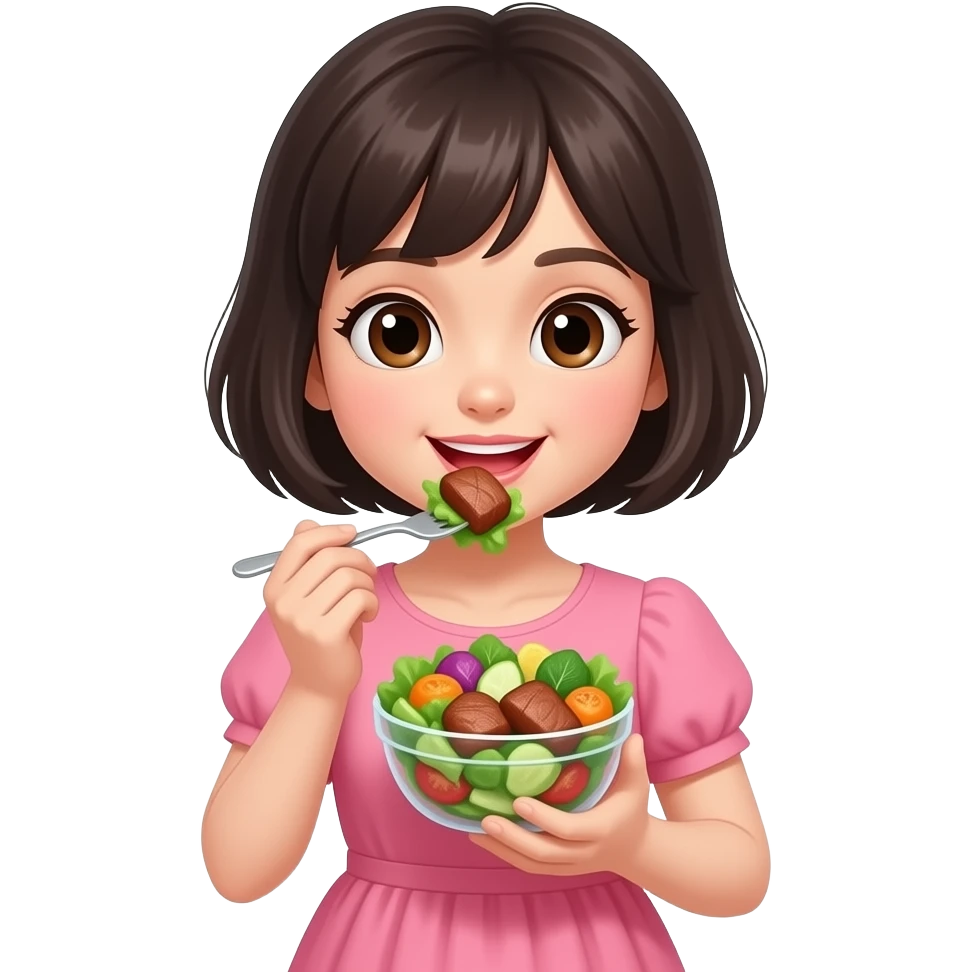 chica de cabello oscuro y corto, con ojos color cafe, con vestido color rosa, almorzando ensalada con carne emoji