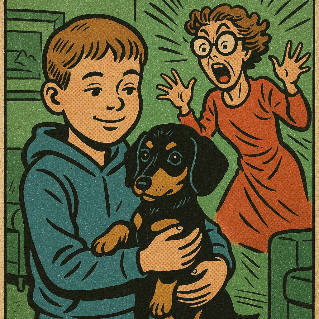 A modern day 10 year old wearing a blue hoodie with a black and tan puppy dachshund in a green living room with a crazy mum wearing big glasses in the background emoji