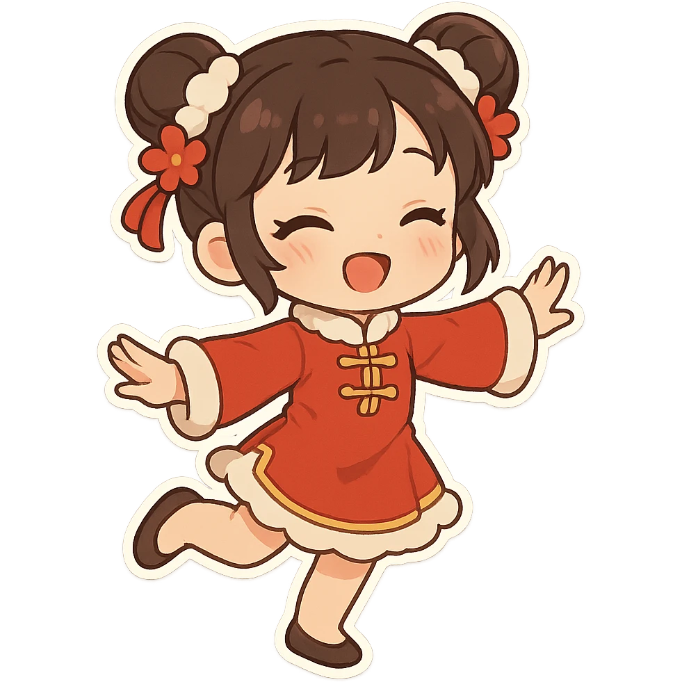 一个可爱女孩身穿新年服装，正在跳舞 emoji