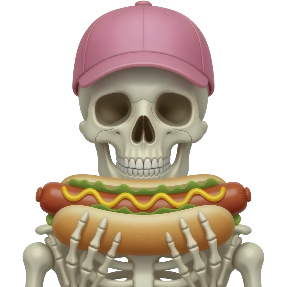 skeleton with half body face close up wear pink cap  and hold hot dog in hands emoji