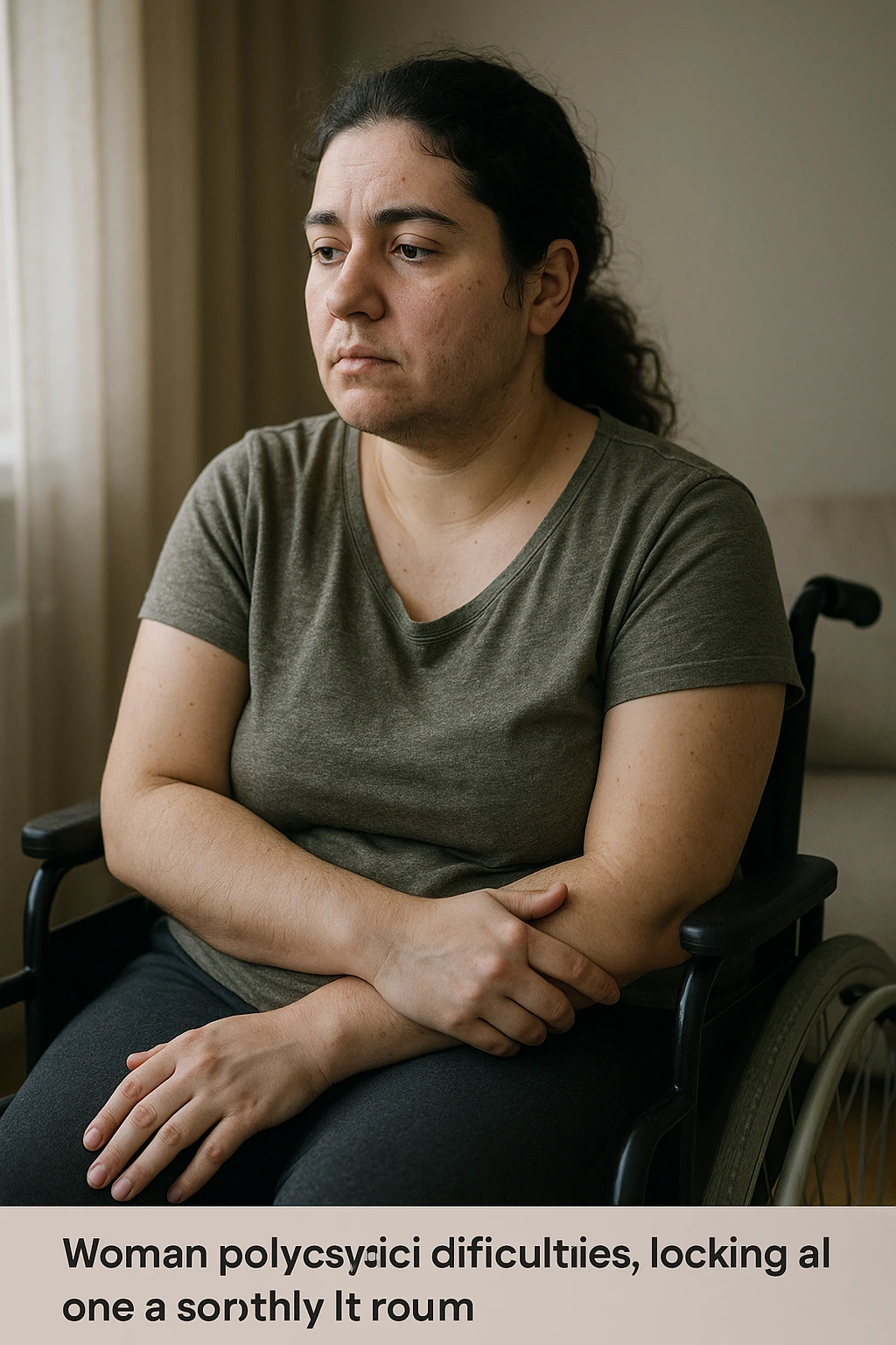 Donna con problemi difficoltà  nella mobilità che si isola a causa della sua PCOS, immagine realistica emoji