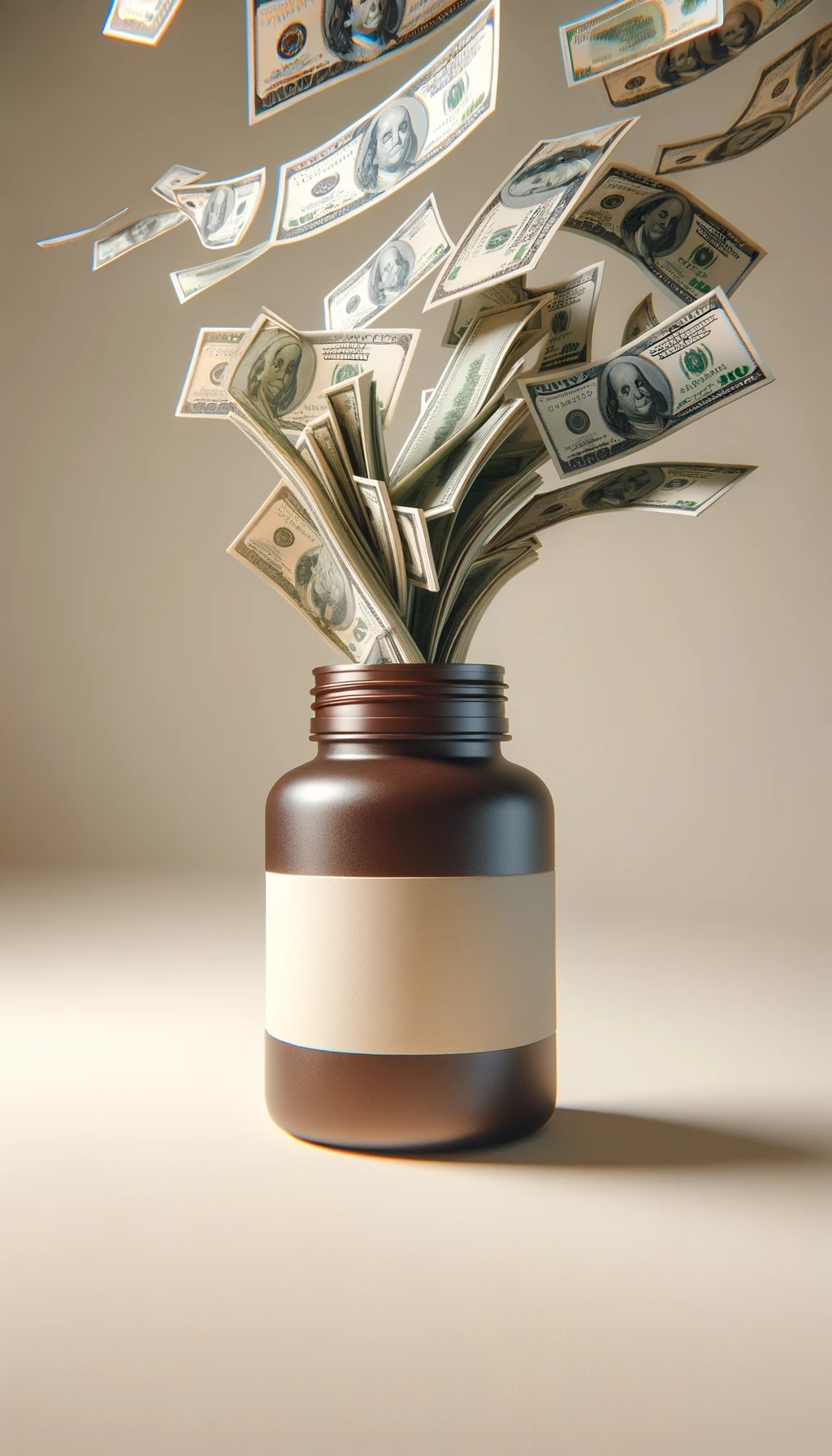 boccetta di integratore fluttua in aria, dalla boccetta aperta escono delle banconote, sfondo neutro chiaro, iperrealistico 4k emoji