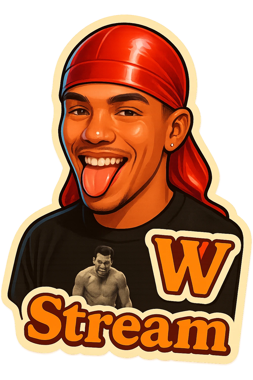 Make him Smiling with tongue sticking 
Change His durag To Red
Add the words W Stream emoji