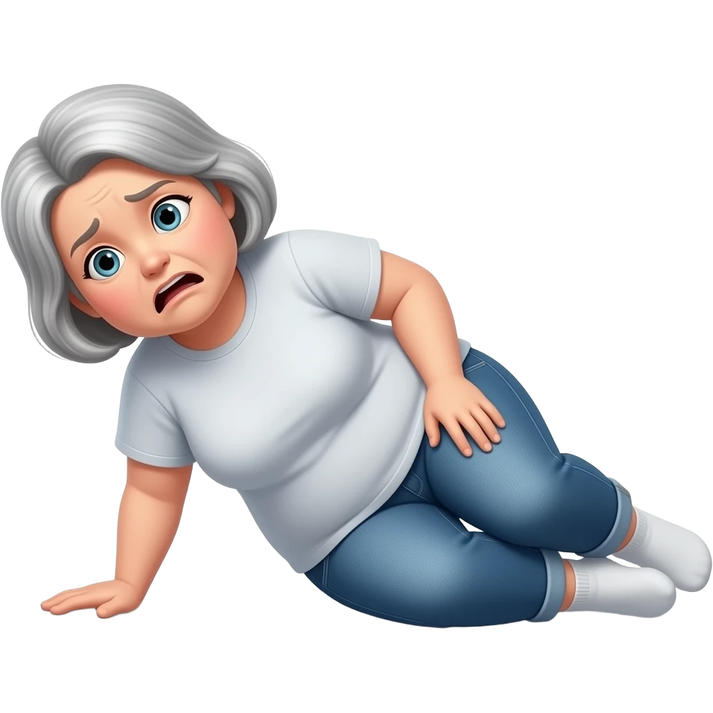 The whole body of a slightly overweight elderly woman with slightly gray short hair wearing jeans and a t-shirt and socks with the look of painful surprise who fell to the floor on her left side emoji