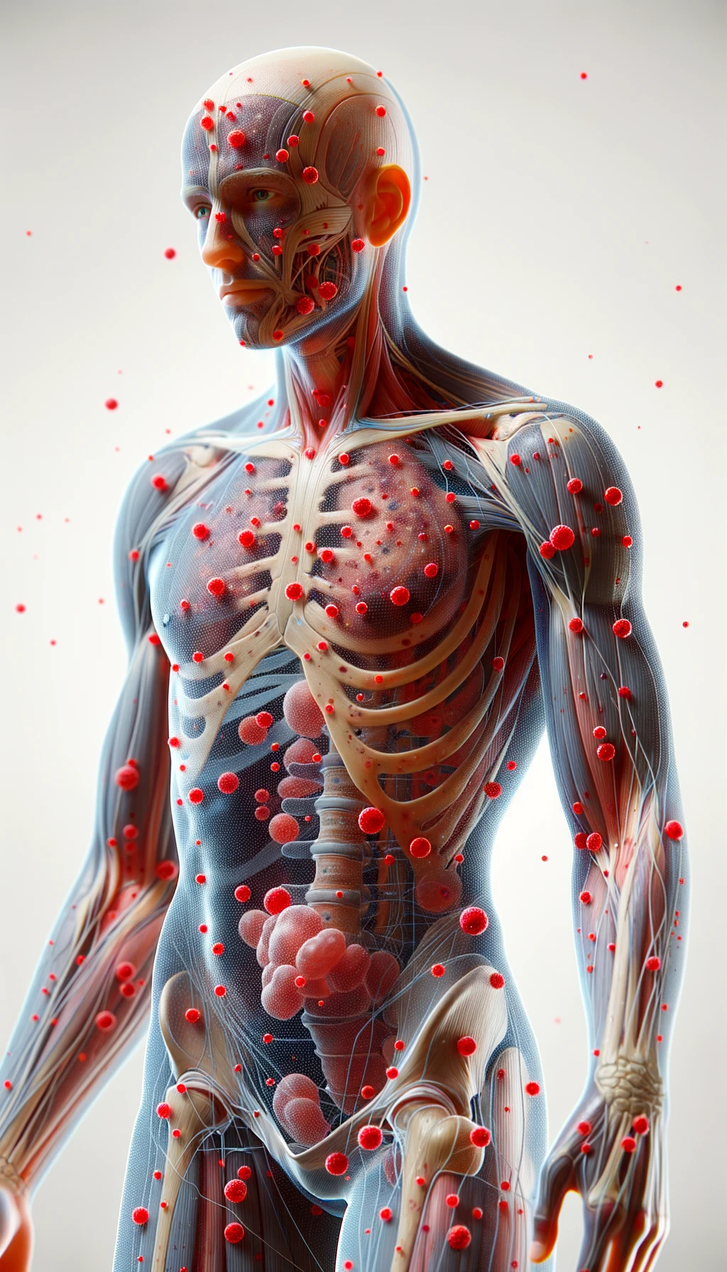 CORPO UMANO ANATOMICO CON RED SPOT DI INFIAMMAZIONE SPARSI SUL CORPO, SFONDO CHIARO, iperrealistico 4k emoji