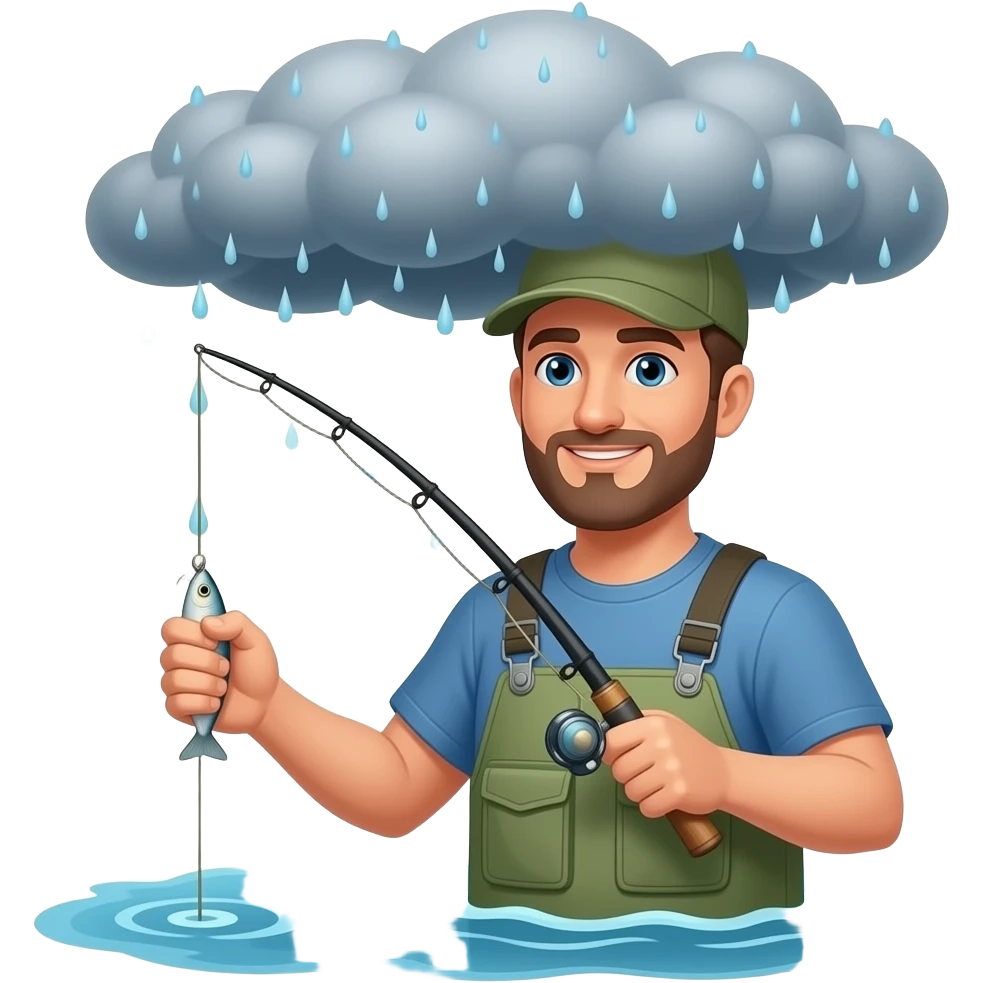 a guy fishing in a hurricane with a lure stuck in his hand needs to be rain behind him emoji