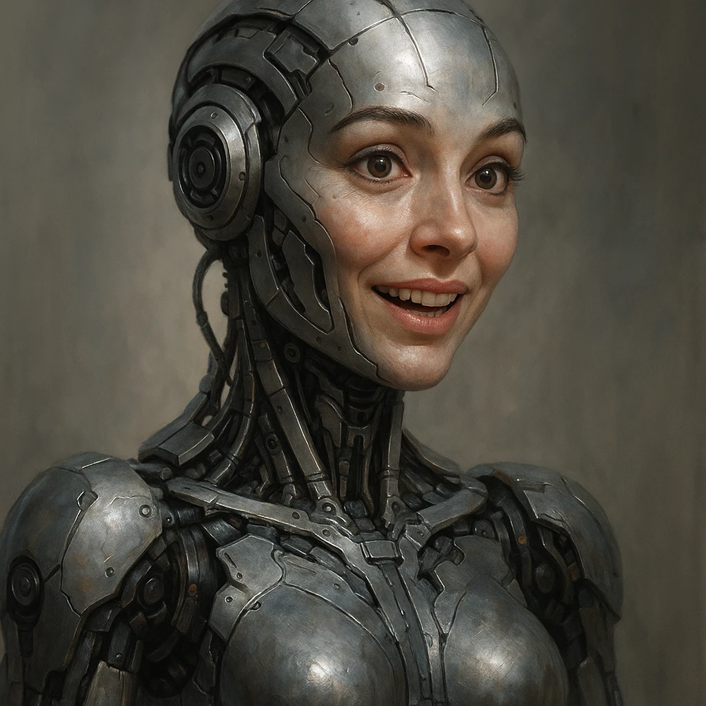 a woman AI robot, expressive face, metallic body, tech details emoji