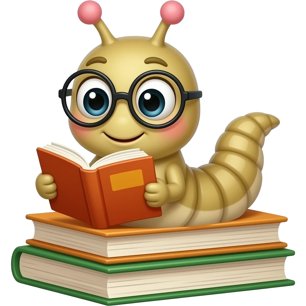 A humorous, exaggerated literal interpretation of “Bookworm”.  A cute worm wearing glasses reading a book inside a stack of books.  Cartoonish, colorful, playful, 3D illustration, soft lighting.  Clean background, centered subject, high detail, no text, no watermark. emoji