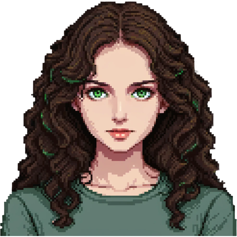 portrait of a woman with wavy dark brown hair and green eyes emoji