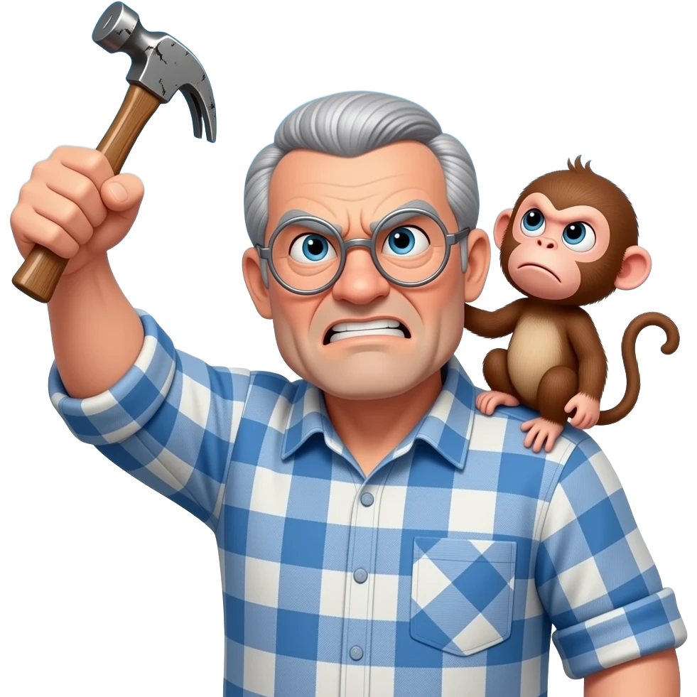 grumpy angry old man wearing a plaid shirt with silver round glasses with with grey hair and no beard or mustache looking at the sky and shaking his fist at the sky with a hammer in his left hand and an angry baby monkey on his shoulder emoji