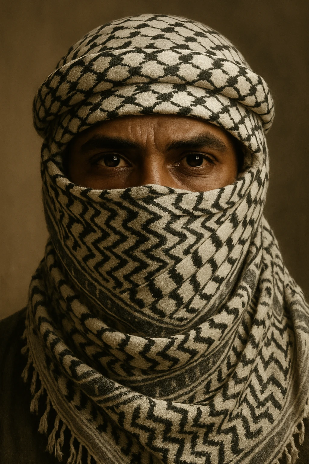 A brown man with a Palestinian scarf (keffiyeh) wrapped around his entire face, leaving only the eyes visible, traditional Palestinian style emoji