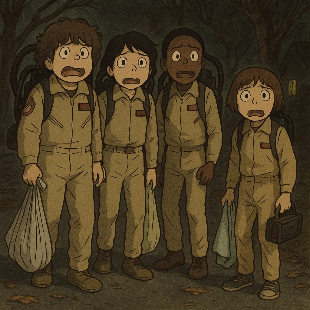 Dustin, Mike, Lucas and Will from Stranger Things dressed as Ghostbusters for Halloween, in Ghibli style with delicate strokes, thick dark contours, colored in pastel tones, with a slightly aged texture. Variation 2: all scared, dark street with fallen leaves. emoji