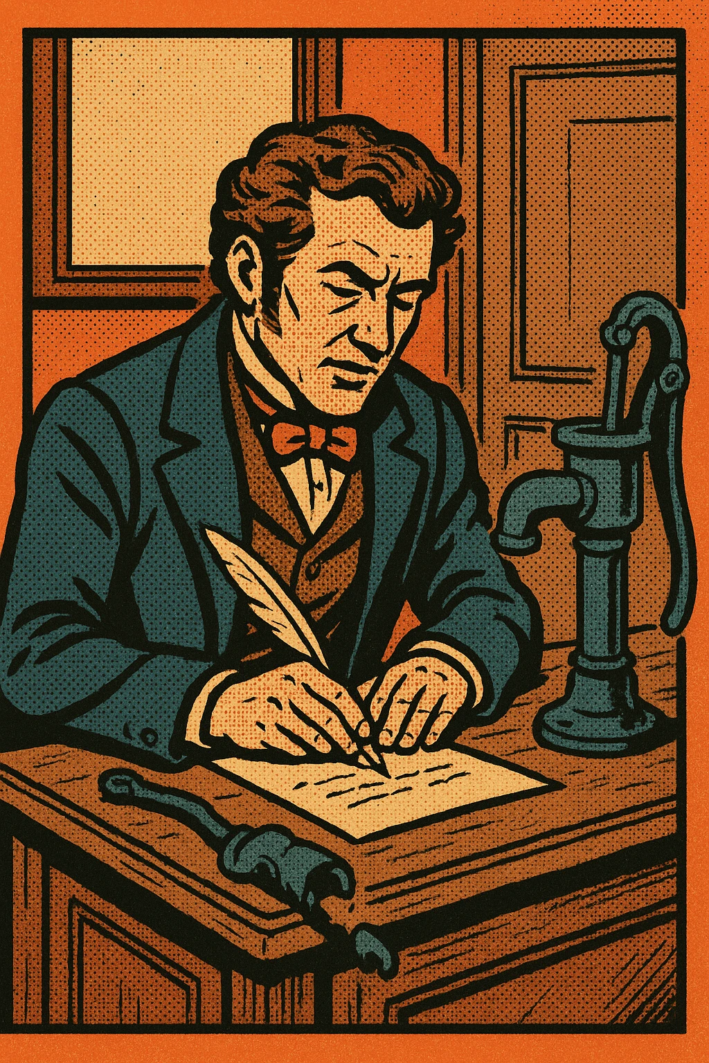 the full body of a victorian gentleman sitting at a wooden desk writing a letter.  On the desk is a metal handle and a broken water pump. He is sitting in an old victorian office emoji