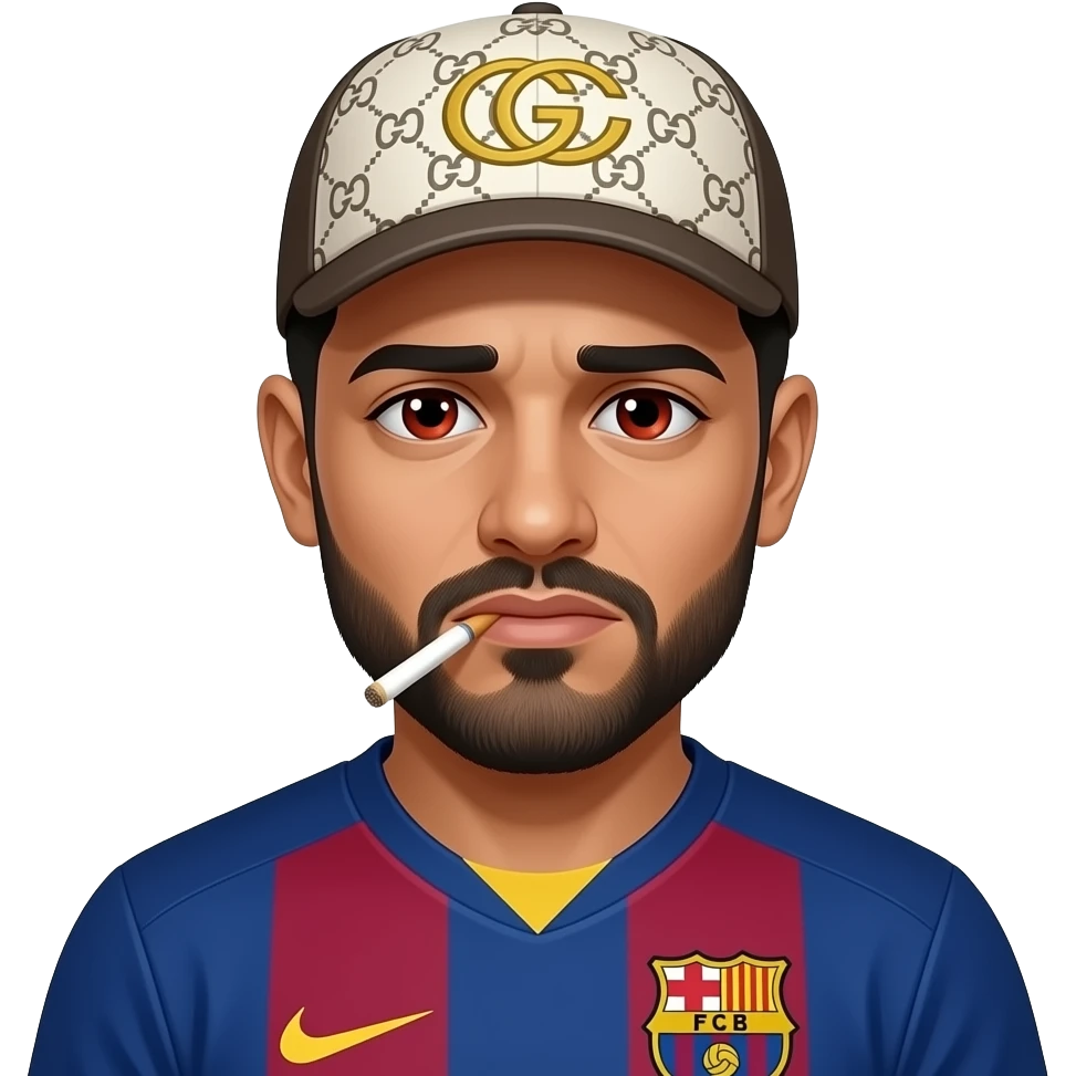 Arabe, avec joint de shit dans la bouche, et le blanc des yeux rouge fatigués, veste Barca, casquette Gucci emoji