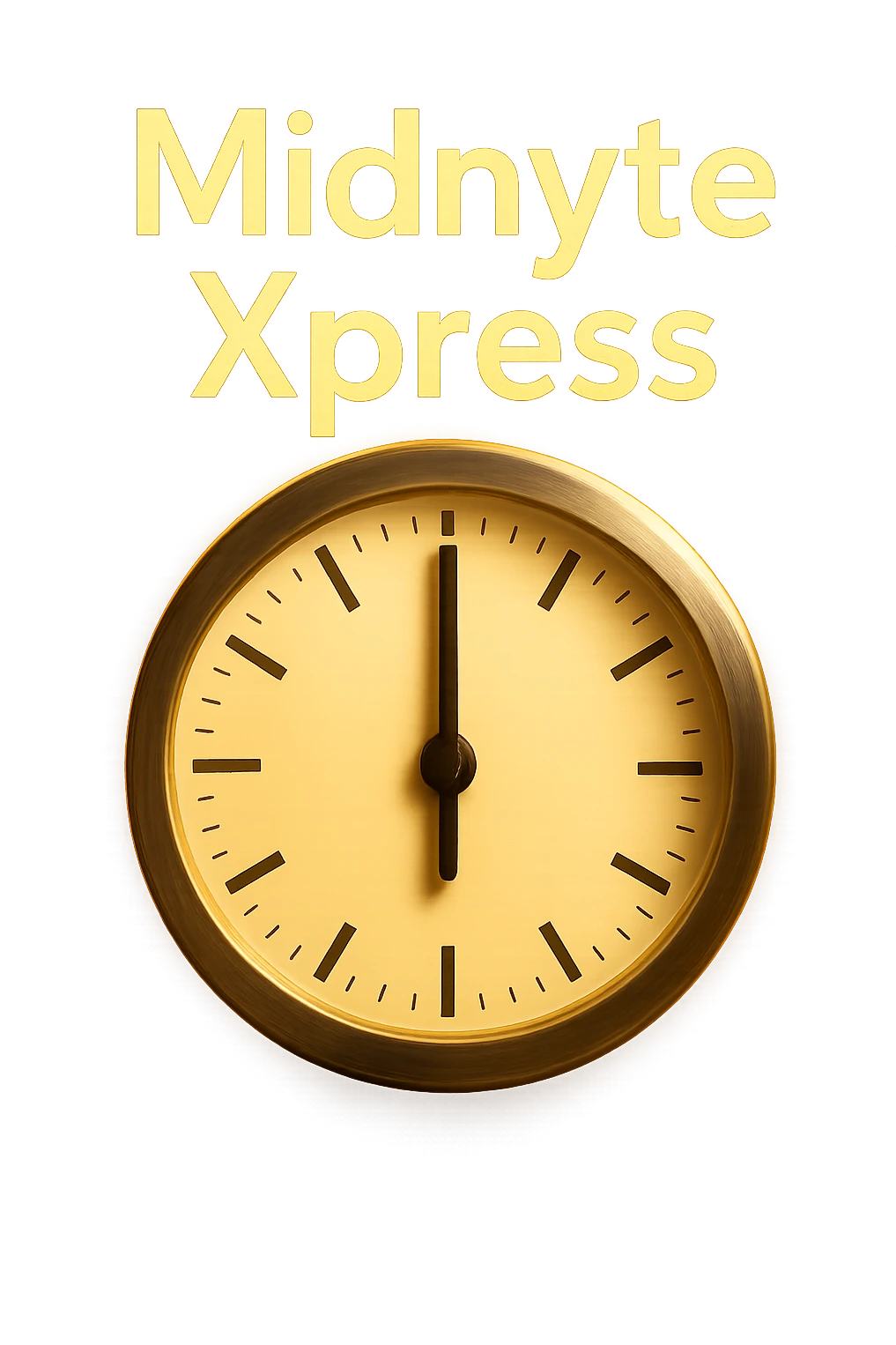 Add a glowing effect around the clock and the text 'Midnyte Xpress', keeping the realistic look and transparent background. Maintain the realistic style and enhance the glow effect around both the clock and the text for emphasis. emoji